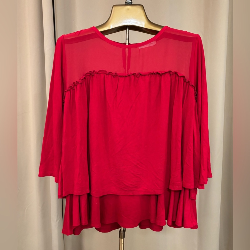 Tiered Red Blouse With Sheer Panel Valentine Christmas Dressy Career